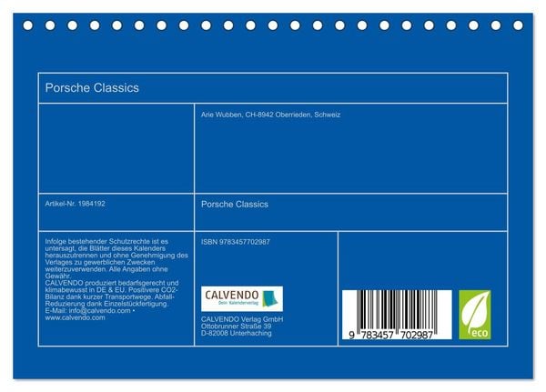 Produktbild: Porsche Classics (Tischkalender 2026 DIN A5 quer), CALVENDO Monatskalender