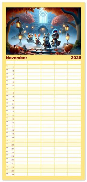 Produktbild: Familienplaner 2026 - Ritterliche Tierfreunde: Ein Jahr voller Spannung und Humor mit 5 Spalten (Wandkalender, 21 x 45 cm) CALVENDO