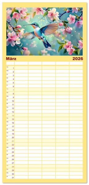 Produktbild: Familienplaner 2026 - Fliegende Kunstwerke - Kolibris mit 5 Spalten (Wandkalender, 21 x 45 cm) CALVENDO