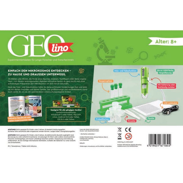 Produktbild: FRANZIS 67184 - GEOLINO Digitales Mikroskop, das gro&szlig;e Entdecker-Set mit Experimentierideen f&uuml;r drinnen und drau&szlig;en f&uuml;r Kinder ab 8 Jahren, inkl. 96-seitigem Begleitbuch