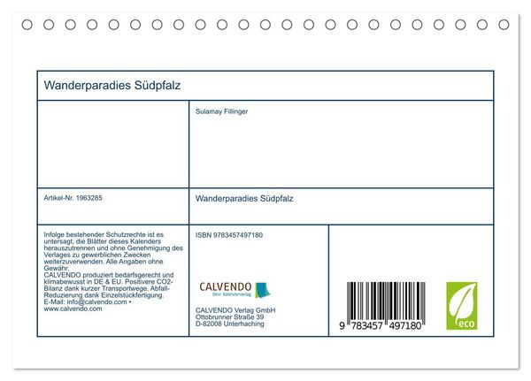 Produktbild: Wanderparadies S&uuml;dpfalz (Tischkalender 2026 DIN A5 quer), CALVENDO Monatskalender