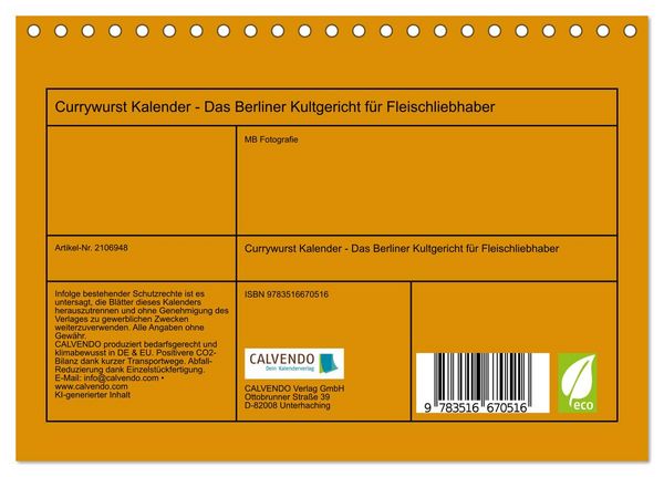 Produktbild: Currywurst Kalender - Das Berliner Kultgericht f&uuml;r Fleischliebhaber (Tischkalender 2026 DIN A5 quer), CALVENDO Monatskalender