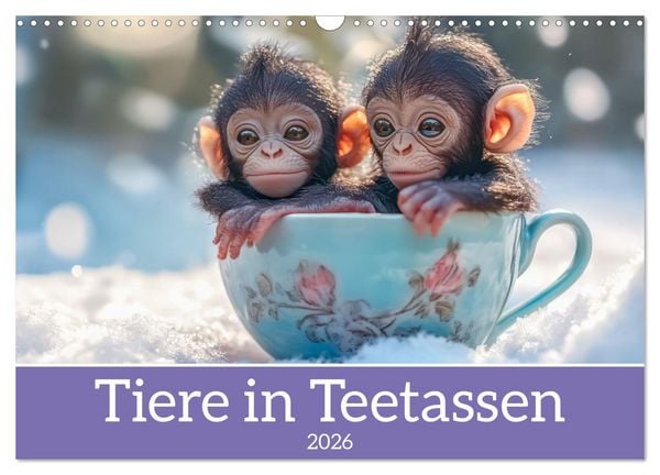 Tiere in Teetassen (Wandkalender 2026 DIN A3 quer), CALVENDO Monatskalender