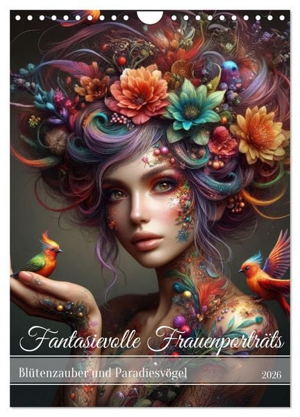 Produktbild: Fantasievolle Frauenportr&auml;ts - Bl&uuml;tenzauber und Paradiesv&ouml;gel (Wandkalender 2026 DIN A4 hoch), CALVENDO Monatskalender