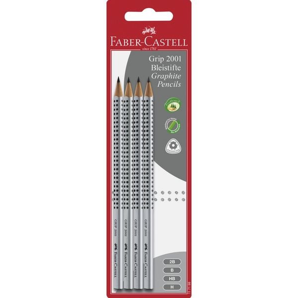 Produktbild: Faber-Castell Bleistifte Grip 2001 2B B HB H grau 4 St&uuml;ck Blister