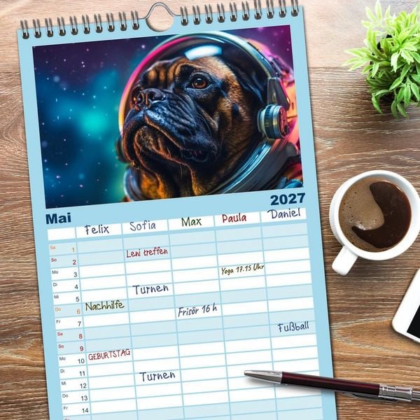 Produktbild: Familienplaner 2027 - Hunde im Weltall mit 5 Spalten (Wandkalender, 21 x 45 cm) CALVENDO