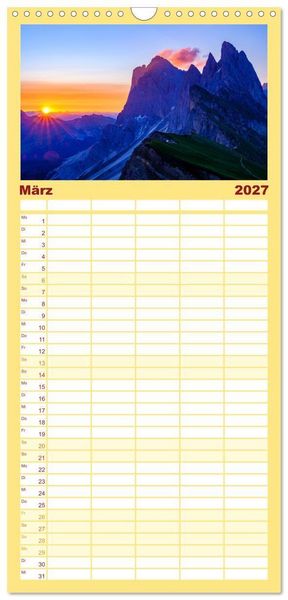 Produktbild: Familienplaner 2027 - Leuchtende Dolomiten mit 5 Spalten (Wandkalender, 21 x 45 cm) CALVENDO