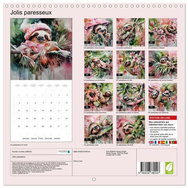 Produktbild: Jolis paresseux (Calendrier mural carr&eacute; 2027 30x30 cm) Calendrier double avec une page pour vos prises de notes