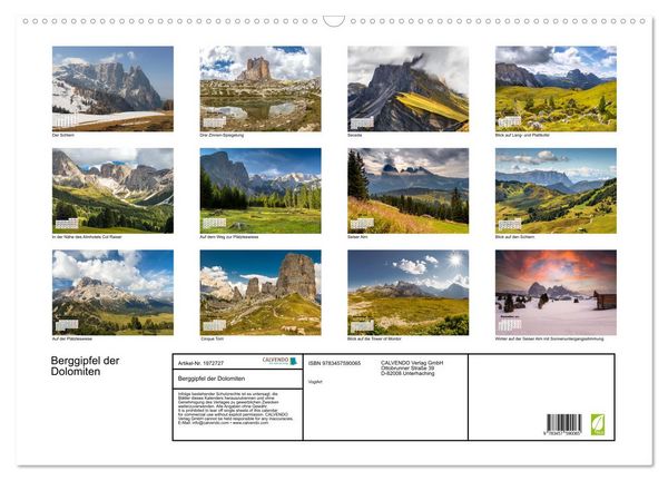 Produktbild: Berggipfel der Dolomiten (Wandkalender 2026 DIN A2 quer), CALVENDO Monatskalender