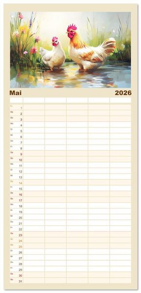 Produktbild: Familienplaner 2026 - Im Glanz der Federn. Sch&ouml;ne H&uuml;hner in malerischer Harmonie mit 5 Spalten (Wandkalender, 21 x 45 cm) CALVENDO