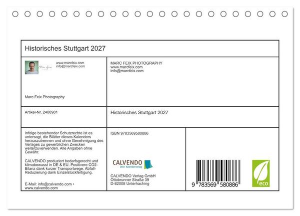 Produktbild: Historisches Stuttgart 2027 (Tischkalender 2027 DIN A5 quer), CALVENDO Monatskalender