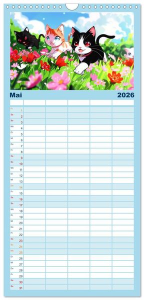 Produktbild: Familienplaner 2026 - Anime Cats mit 5 Spalten (Wandkalender, 21 x 45 cm) CALVENDO