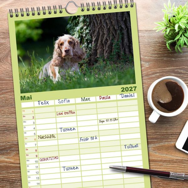 Produktbild: Familienplaner 2027 - English Cocker Spaniel - Fr&ouml;hliche Gesellen mit 5 Spalten (Wandkalender, 21 x 45 cm) CALVENDO