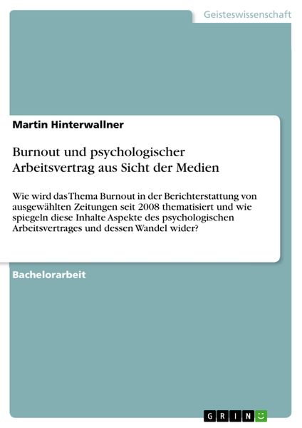 Produktbild: Burnout und psychologischer Arbeitsvertrag aus Sicht der Medien