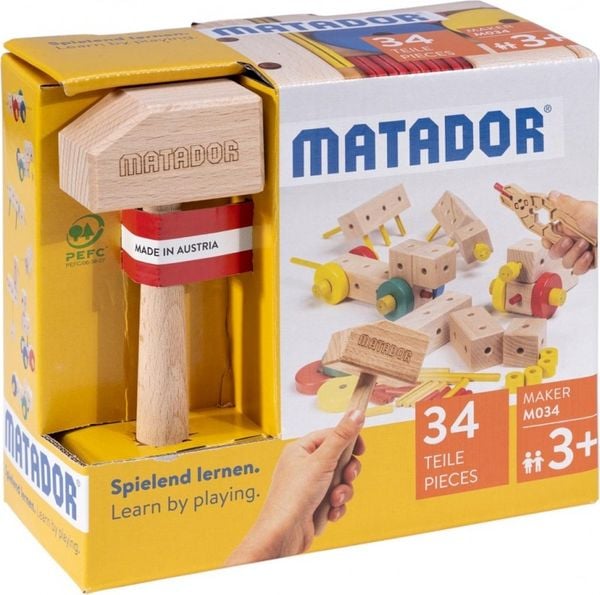 MATADOR 21034 - Maker M034, Baukasten, Holz, 34 Teile, Konstruktionsbaukasten-Einstiegskasten, ab 3 Jahren, Spielend ler