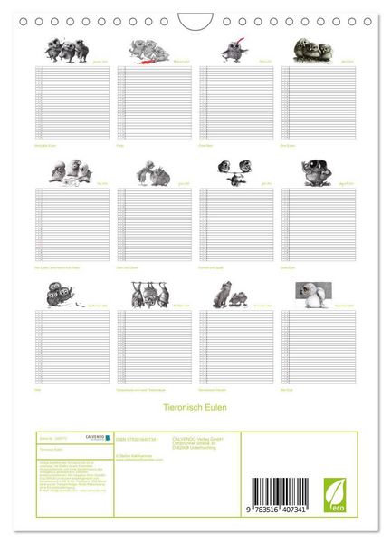 Produktbild: Tieronisch Eulen (Wandkalender 2026 DIN A4 hoch), CALVENDO Monatskalender
