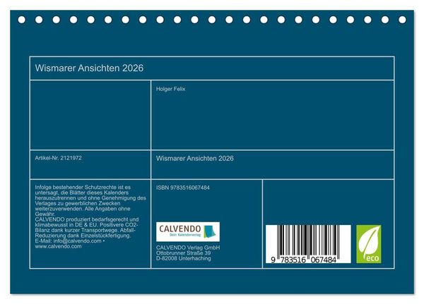 Produktbild: Wismarer Ansichten 2026 (Tischkalender 2026 DIN A5 quer), CALVENDO Monatskalender