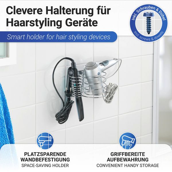 Produktbild: Haartrocknerhalter und Gl&auml;tteisenhalter Mod. Milano, mit Kabelhalter, zur Wandmontage
