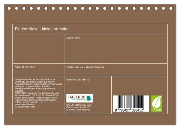Produktbild: Flederm&auml;use - kleine Vampire (Tischkalender 2026 DIN A5 quer), CALVENDO Monatskalender