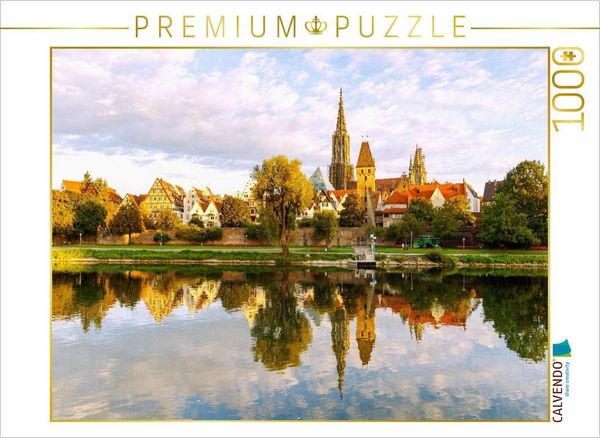 CALVENDO Puzzle Donauschwabenufer mit historischen Häusern Unter der Metzig, Stadtbibliothek, Ulmer Münster und Metzgerturm | 1000 Teile Lege-Größe 64x48cm Foto-Puzzle für glückliche Stunden