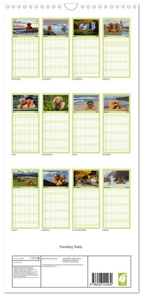 Produktbild: Familienplaner 2026 - Travelling Teddy mit 5 Spalten (Wandkalender, 21 x 45 cm) CALVENDO