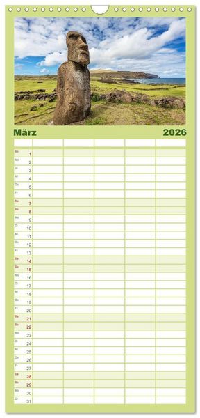 Produktbild: Familienplaner 2026 - Die Osterinsel &ndash; Mythen, Moai und wilde Sch&ouml;nheit mit 5 Spalten (Wandkalender, 21 x 45 cm) CALVENDO
