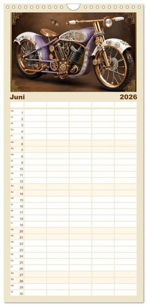 Produktbild: Familienplaner 2026 - Motorr&auml;der im Steampunk-Style mit 5 Spalten (Wandkalender, 21 x 45 cm) CALVENDO