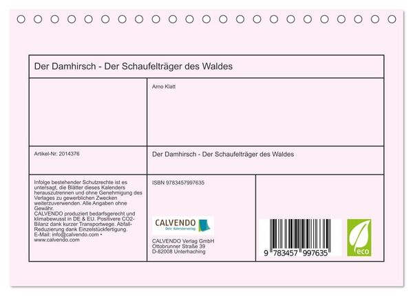 Produktbild: Der Damhirsch - Der Schaufeltr&auml;ger des Waldes (Tischkalender 2026 DIN A5 quer), CALVENDO Monatskalender