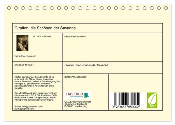 Produktbild: Giraffen, die Sch&ouml;nen der Savanne (Tischkalender 2026 DIN A5 quer), CALVENDO Monatskalender