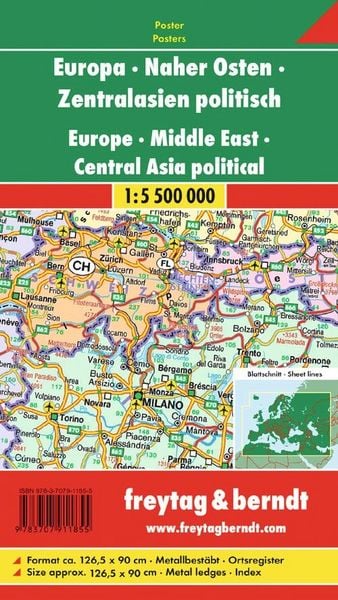Produktbild: freytag & berndt Poster Europa - Naher Osten - Zentralasien politisch, metallbest&auml;bt 1:5,5 Mio.