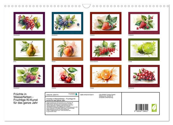 Produktbild: Fr&uuml;chte in Wasserfarben - Fruchtige KI-Kunst f&uuml;r das ganze Jahr (Wandkalender 2026 DIN A3 quer), CALVENDO Monatskalender