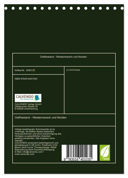Produktbild: Ostfriesland - Westermarsch und Norden (Tischkalender 2026 DIN A5 hoch), CALVENDO Monatskalender
