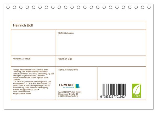 Produktbild: Heinrich B&ouml;ll (Tischkalender 2026 DIN A5 quer), CALVENDO Monatskalender
