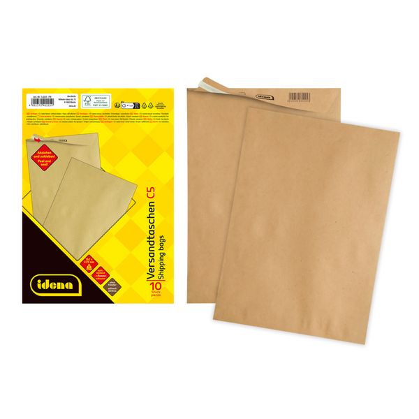 Produktbild: Idena Versandtaschen ohne Fenster haftklebend 90g/m&sup2; braun DIN C5 10 St&uuml;ck
