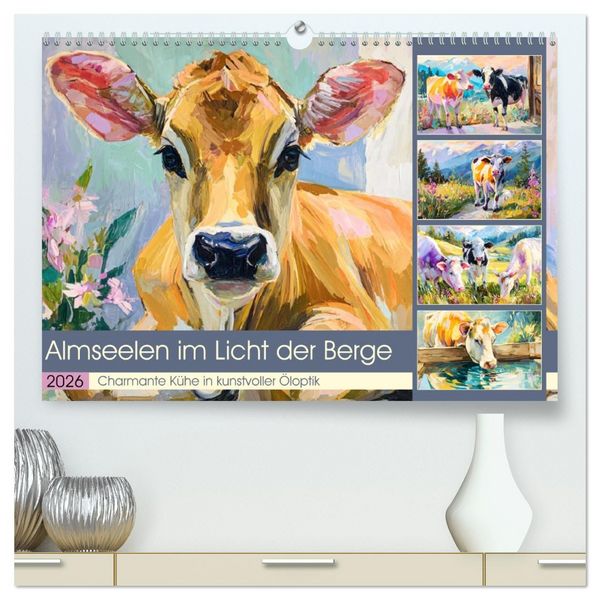 Almseelen im Licht der Berge. Charmante Kühe in kunstvoller Öloptik (hochwertiger Premium Wandkalender 2026 DIN A2 quer), Kunstdruck in Hochglanz