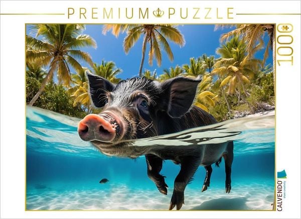 Produktbild: CALVENDO Puzzle Schwarzes Schwein schwimmt im t&uuml;rkisblauen Wasser der Karibik | 1000 Teile Lege-Gr&ouml;&szlig;e 64x48cm Foto-Puzzle f&uuml;r gl&uuml;ckliche Stunden