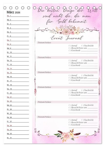 Produktbild: Geburtstagsplaner Boho Rosa - F&uuml;r Termine, Geschenke, Eventdetails & mehr (Tischkalender 2026 DIN A5 hoch), CALVENDO Monatskalender