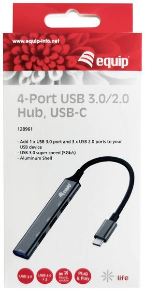 Produktbild: Equip 128961 USB-Hub 4 Port USB-A USB 3.1 Gen1 5 GBit/s mit USB-C&reg; Stecker Schwarz, Grau 128961