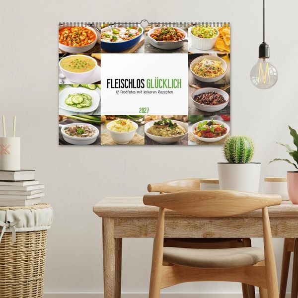 Produktbild: Fleischlos gl&uuml;cklich - 12 Foodfotos mit leckeren Rezepten (Wandkalender 2027 DIN A3 quer), CALVENDO Monatskalender