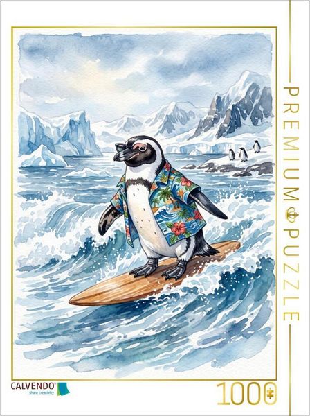 CALVENDO Puzzle Pinguin beim Surfen | 1000 Teile Lege-Größe 64x48cm Foto-Puzzle für glückliche Stunden