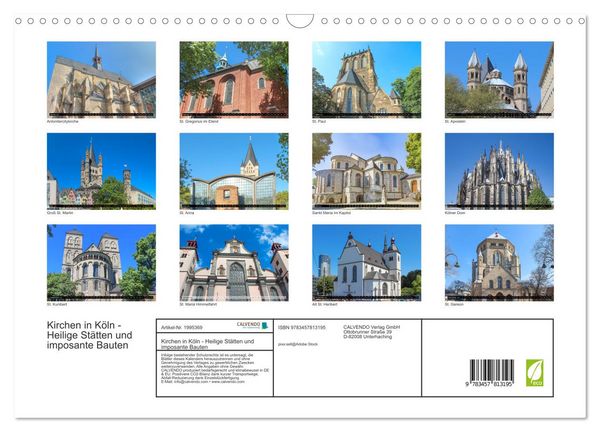 Produktbild: Kirchen in K&ouml;ln - Heilige St&auml;tten und imposante Bauten (Wandkalender 2026 DIN A3 quer), CALVENDO Monatskalender