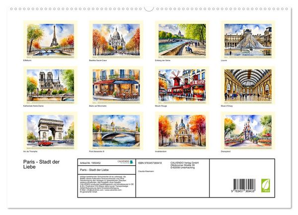 Produktbild: Paris - Stadt der Liebe (hochwertiger Premium Wandkalender 2026 DIN A2 quer), Kunstdruck in Hochglanz