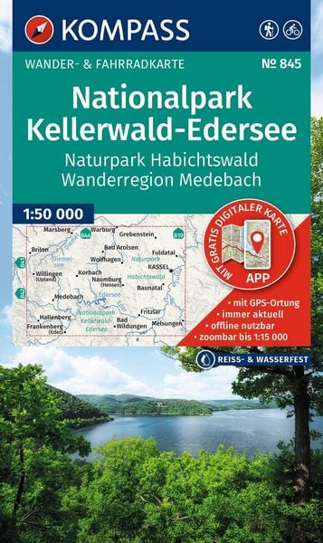 Produktbild: KOMPASS Wanderkarte 845 Nationalpark Kellerwald-Edersee, Naturpark Habichtswald, Wanderregion Medebach 1:50.000