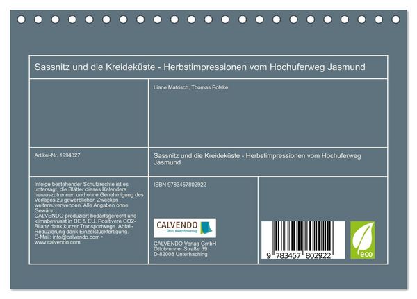 Produktbild: Sassnitz und die Kreidek&uuml;ste - Herbstimpressionen vom Hochuferweg Jasmund (Tischkalender 2026 DIN A5 quer), CALVENDO Monatskalender