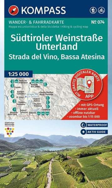 Produktbild: KOMPASS Wanderkarte 074 S&uuml;dtiroler Weinstra&szlig;e, Unterland / Strada del Vino, Bassa Atesina 1:25.000