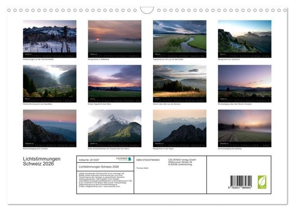 Produktbild: Lichtstimmungen Schweiz 2026 (Wandkalender 2026 DIN A3 quer), CALVENDO Monatskalender