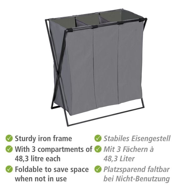 Produktbild: W&auml;schesammler Mod. Trio XL Grau, mit drei F&auml;chern