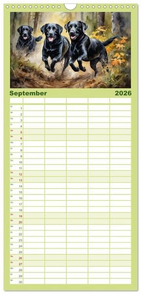 Produktbild: Familienplaner 2026 - Voller Kraft und Energie - Labrador-Retriever mit 5 Spalten (Wandkalender, 21 x 45 cm) CALVENDO