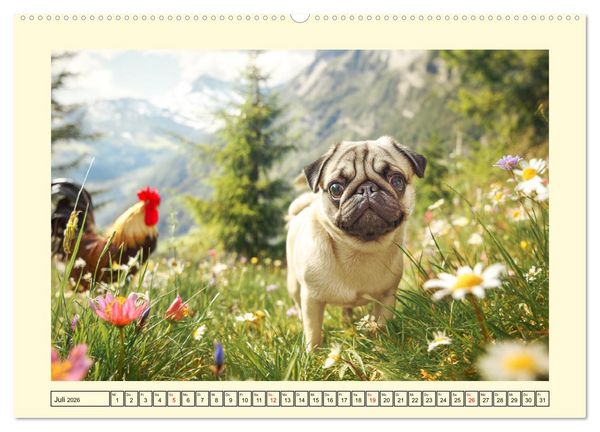 Produktbild: Mops trifft Berglust. Fidele Gipfelst&uuml;rmer im H&ouml;henrausch (hochwertiger Premium Wandkalender 2026 DIN A2 quer), Kunstdruck in Hochglanz
