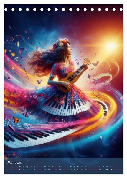 Produktbild: Musikalische Magie &ndash; Frauen in klangvollen Kleidern aus Noten und Farbe (Tischkalender 2026 DIN A5 hoch), CALVENDO Monatskalender